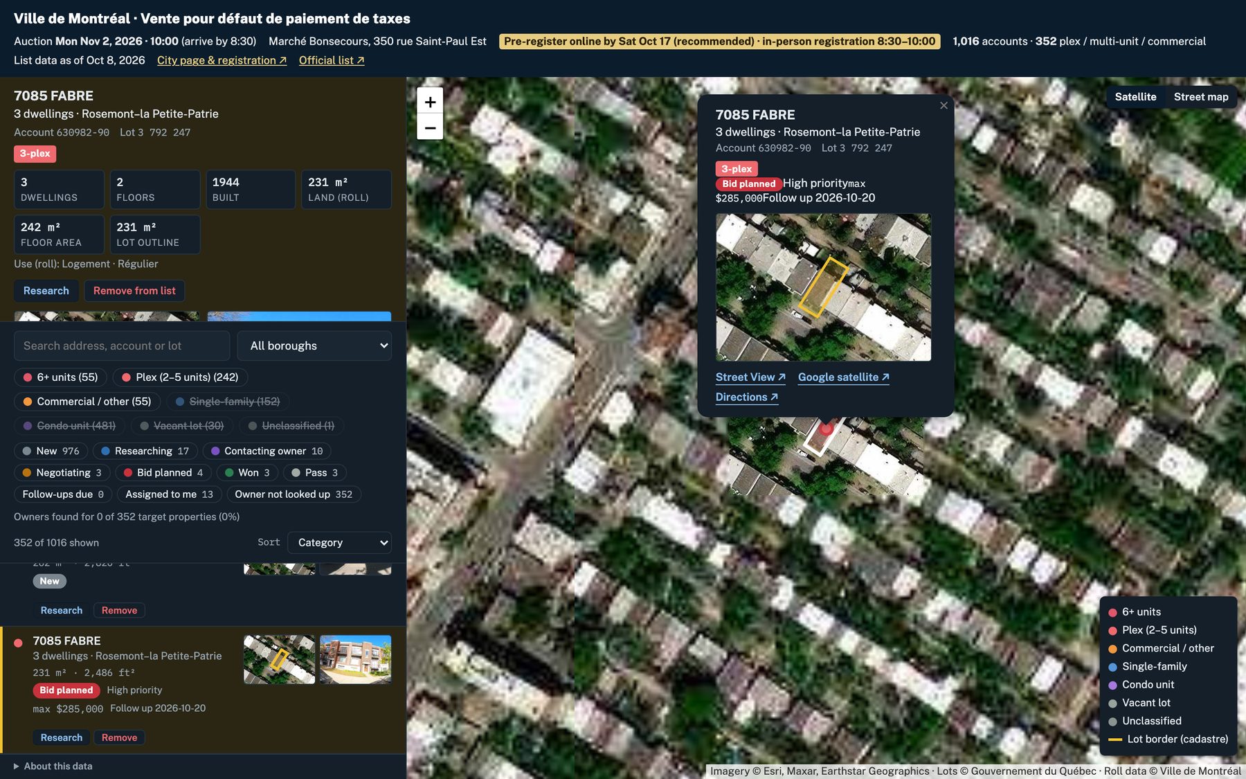 TaxeRadar: Montréal tax-sale map with the selected property, its lot border and its file