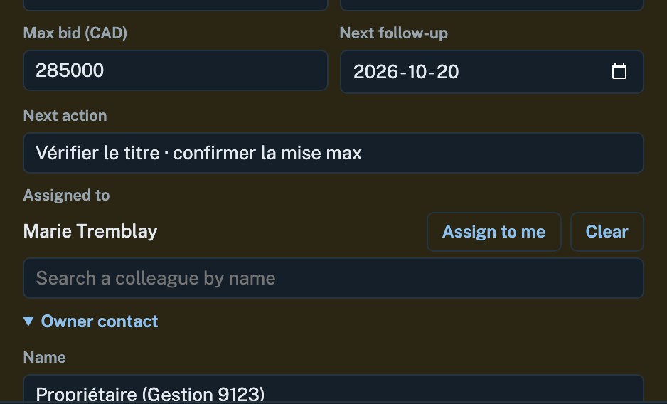 Pipeline form: max bid, follow-up date, next action, assignee and owner contact