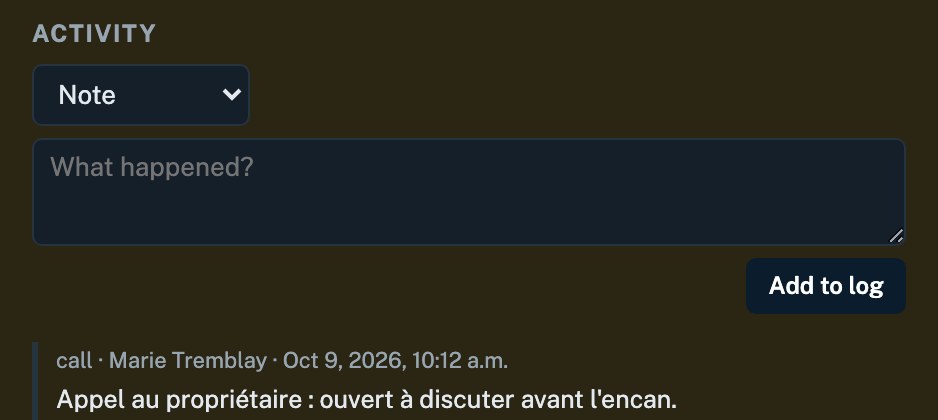 Activity log with a call, a visit and a note